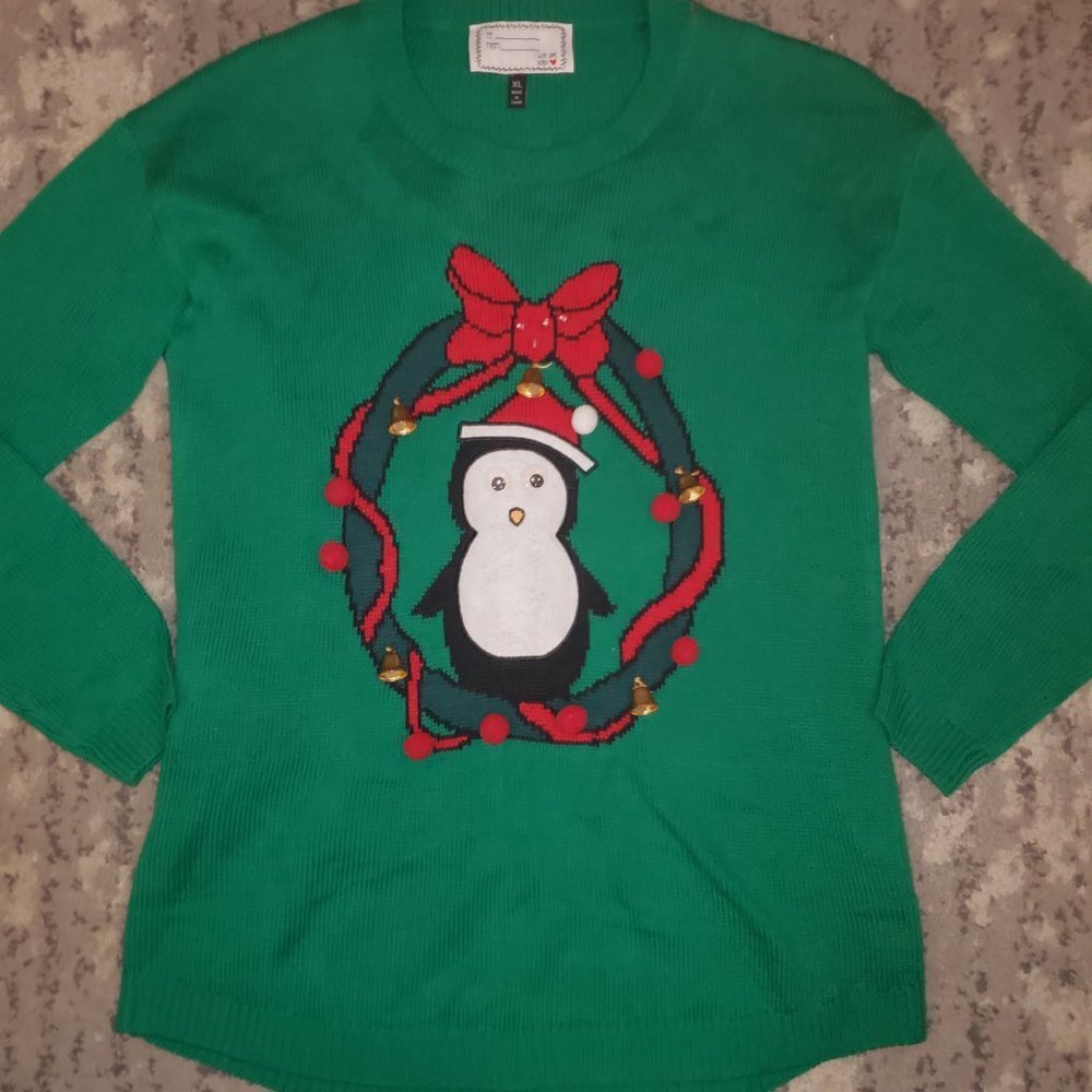 Ugly Christmas Sweater Penguin Christmas Green Sweater Size XL